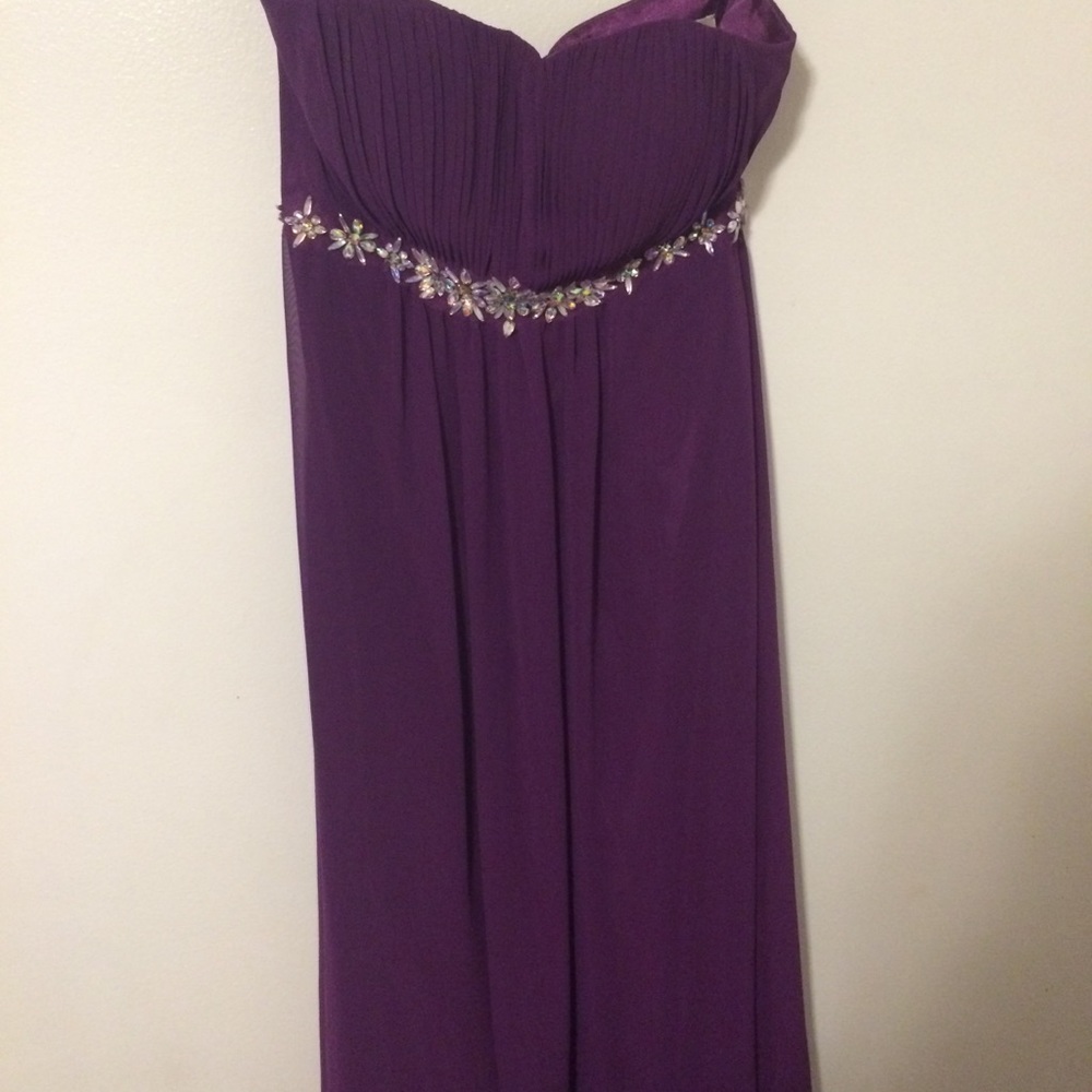 Purple floor-length beaded prom dress